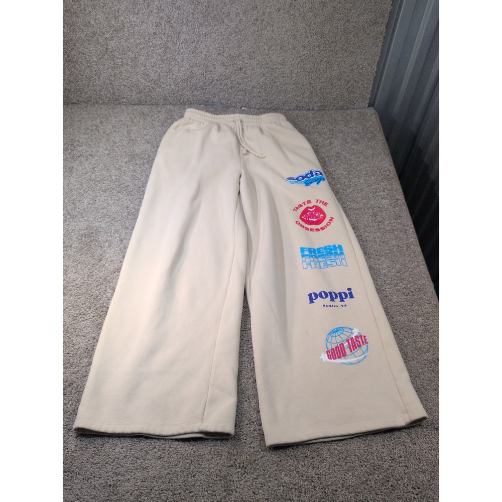 Poppi Soda Graphic Wide Leg Sweatpants Cream Beige Austin TX Mens Medium